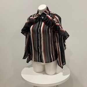 NEW GRACIA Black White Red Stripped Button Down Ruffle Blouse M